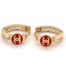 14k Hoop Earrings with Red Enamel and CZ Stones
