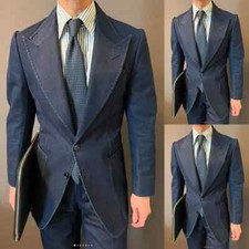 Denim Men's Suits 2Pcs Peak Lapel Blazer Single Breasted Casual Jackets Coat