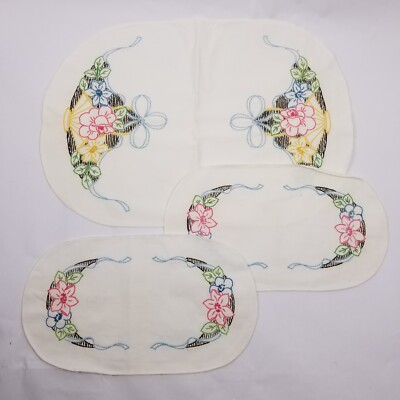 3 Embroidered Dresser Scarves Floral Basket Blue Pink Green Black | eBay