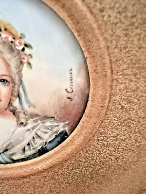 Pair VTG/Antique France Painted Portrait Lady Signed Convex Gold