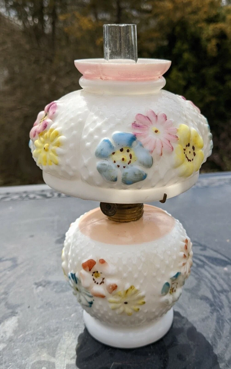 Antique Consolidated Milk Glass Cosmos Miniature Oil Lamp w Wick Chimney Shade