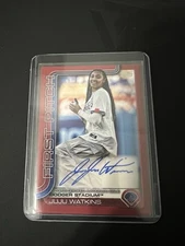 2025 Topps Juju Watkins First Pitch Red Auto FPA-JW #’d 2/5 LA Dodger