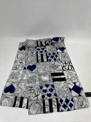Vtg Casca Silk Scarf Patchwork Style Blue Black Heart & Scroll Design 59  x 14 