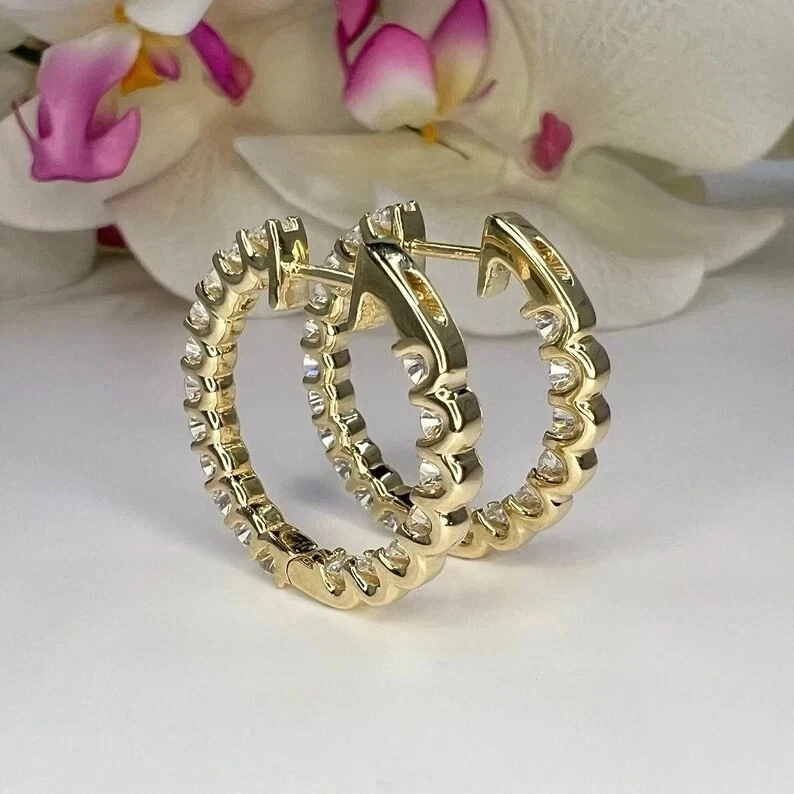 Lab Created Inside Outside Hoop Earrings 2CT Round Cut 14K Yellow Gold Plated - Image 3 of 4