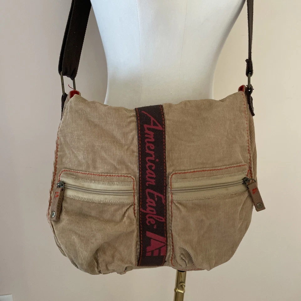 VTG Y2K American Eagle Corduroy Messenger Crossover Bag Beige Zip Pockets Boho - Image 2 of 4