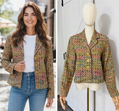 ANN MAY Women Size 4 100% SILK Woven Beige Multicolor Blazer Jacket Gold Buttons