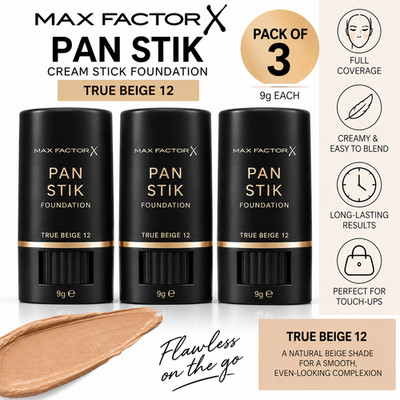 3-Pack Max Factor Pan Stik Cream Stick Foundation True Beige 12 9g Each