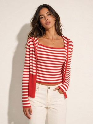 Vintage August Silk Striped Fitted Knit Set Hoodie + Top M Y2K Preppy Coastal