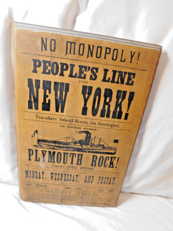 Vintage PEOPLE'S LINE FOR NEW YORK! PLYMOUTH ROCK! STEAMBOAT WOOD PLAQUE SIGN