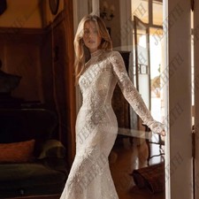Embroidery Bead Lace Mermaid Luxury Wedding Dress Modest High Collar Bridal Gown