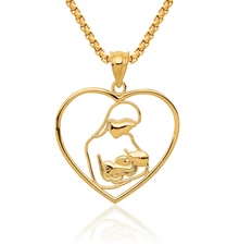 14K Solid Yellow Gold Mother Daughter Heart Necklace