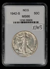 1942-S 50c Walking Liberty Silver Half Dollar VERY Weak Strike NCG MS 66 - X7013