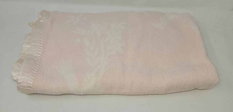 Vintage Reversible Pink Satin Edge Baby Blanket Floral Birds 42 x 28 Fleece - Image 3 of 4