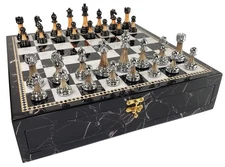 Staunton Chrome & Black Plastic Chess Set w/ 17" Black Faux Marble Storage Board