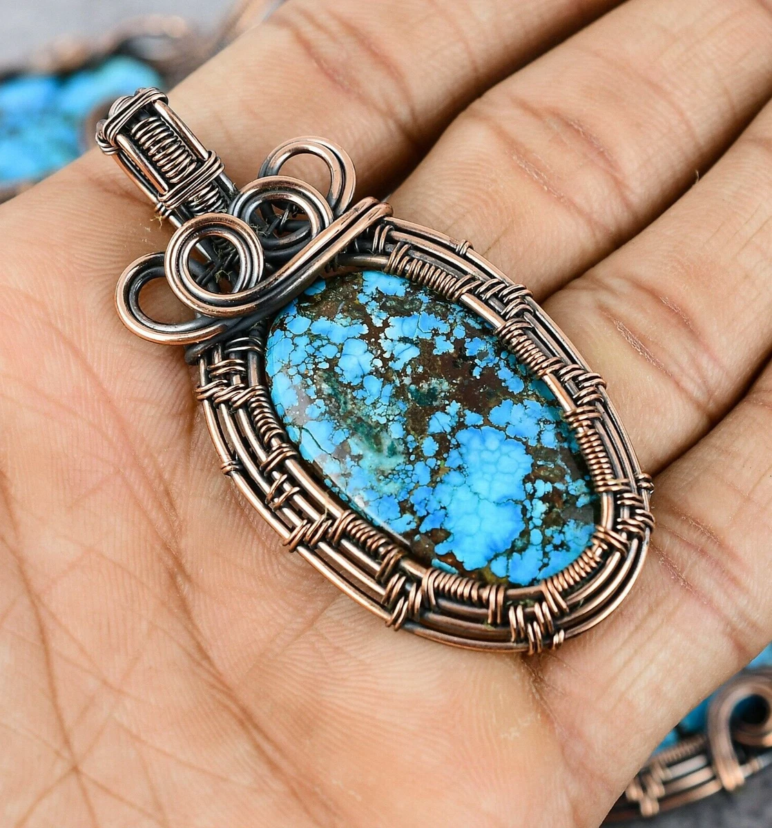 Tibetan Turquoise Gemstone Pure Copper Wire Wrap Handmade Pendant