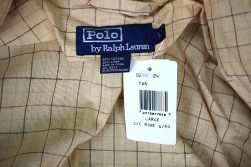 "Polo By Ralph Lauren Cotton/ Linen Tan Tattersall Shawl Collar Robe" Sz L (New) - Picture 2 of 4