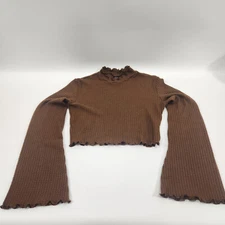 Shein Womens Top Brown S Long Bell Sleeve Mock Neck Cropped Stretch