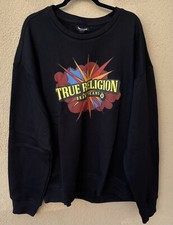 Image of True Religion Men’s Jet Black Relaxed Kapow Crewneck Logo Sweatshirt, Size 2XL