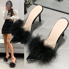 Woman Feather High Heels Slippers Sandals Women Peep Toe Mules Pumps Slides