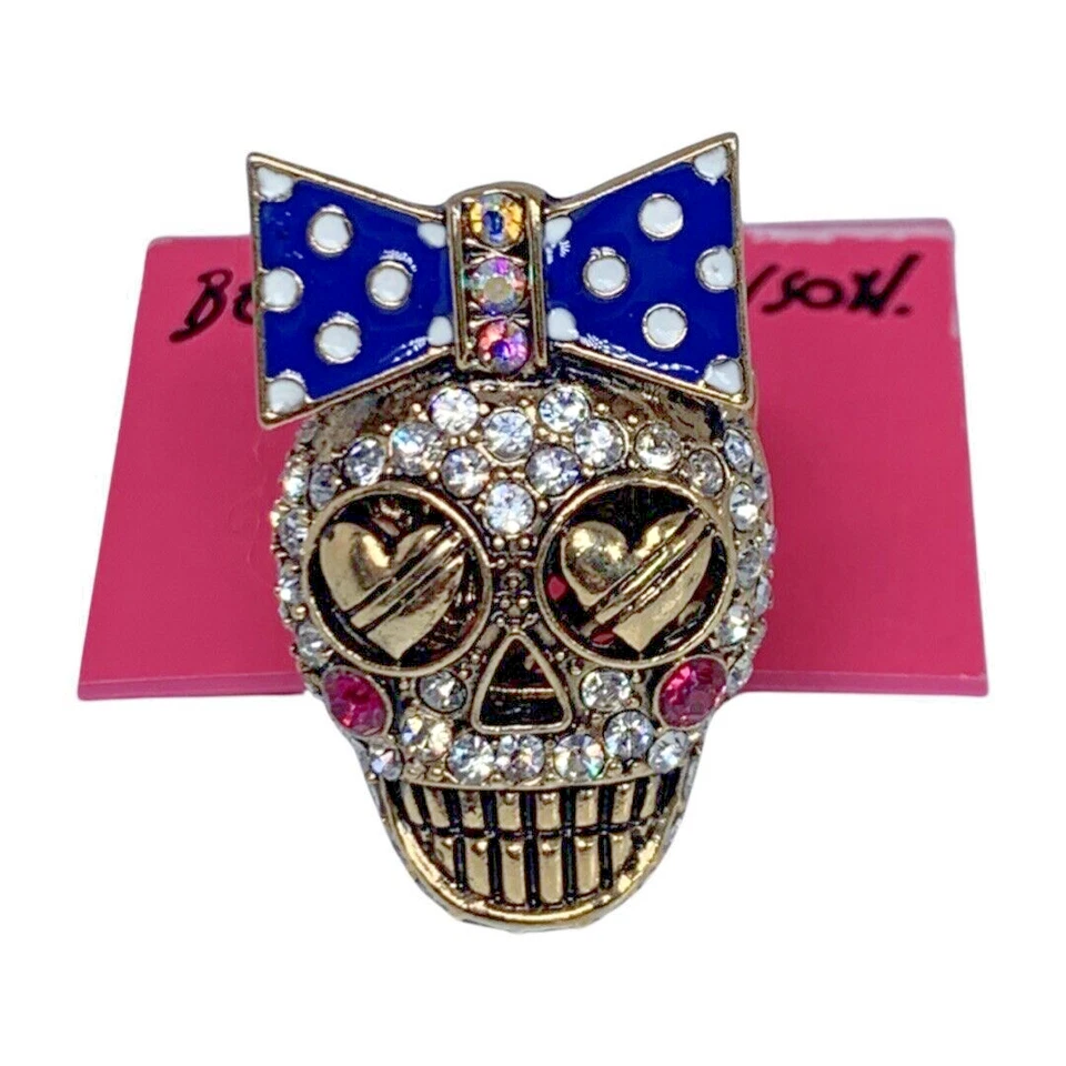 Anel Betsey Johnson Sugar Skull tamanho 7 cristal stretch Ivy League bolinhas - Imagem 2 de 4