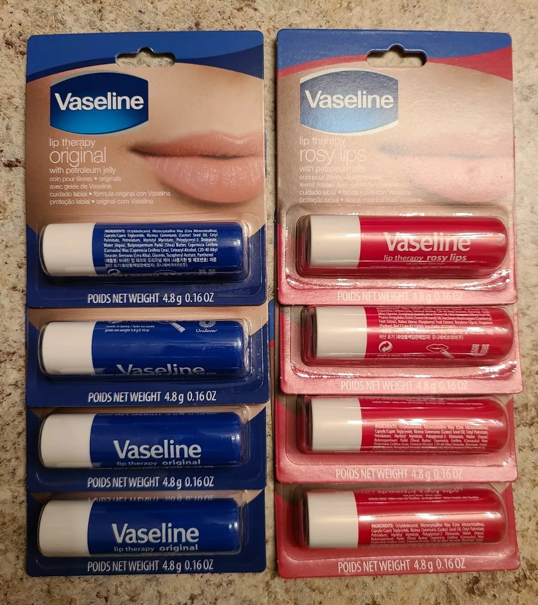 Lot of 8 Vaseline Lip Therapy Original & Rosy Lips 0.16 oz each