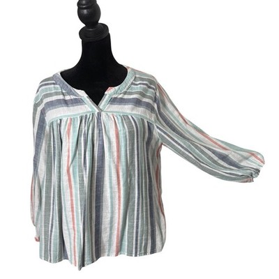 Knox Rose BOHO Faded Striped Blouse Size M Peasant Tunic Top Bishop Beach