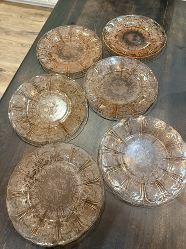 Set of 6 Jeanette Pink Cherry Blossom Depression Glass 9" Dinner Plates