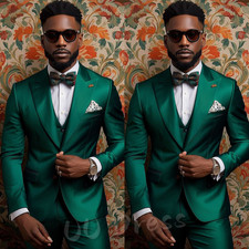 3Pieces Men's Suits Silk Satin Slim Fit Tuxedos Prom Party Banquet Wedding Groom