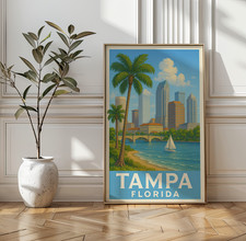 Tampa Florida Travel Poster Art Print | Tampa Skyline Wall Decor | Coastal Illus Tampa Florida Travel Poster Art Print | Tampa Skyline Wall Decor | Coastal Illus