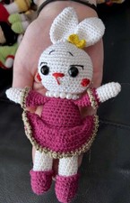 Handmade Crochet Bunny Doll Pink Dress Pearl Necklace Amigurumi Toy