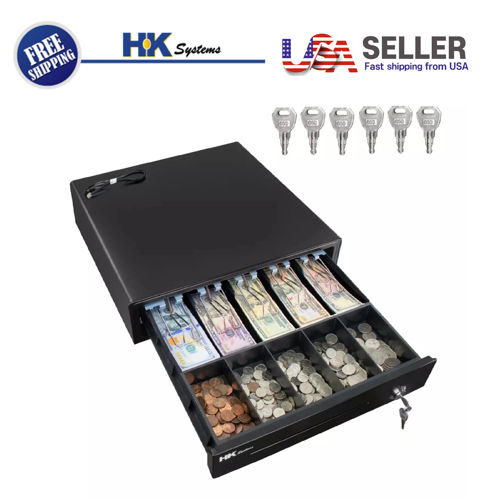 16" Heavy Duty POS Cash Drawer 5Bill/5Coin, Removable Coin Compartment, 24V, RJ1