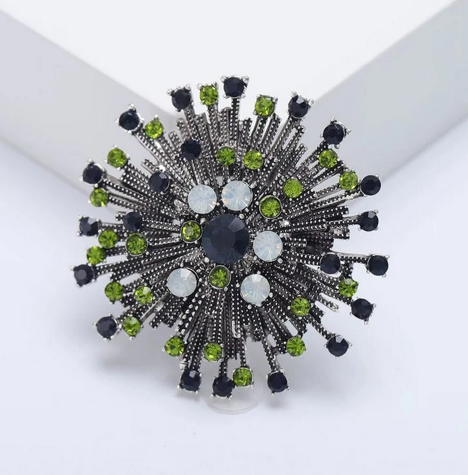 Broche de joyería de acero inoxidable estilo floral, multicristal verde domin... - Imagen 3 de 4