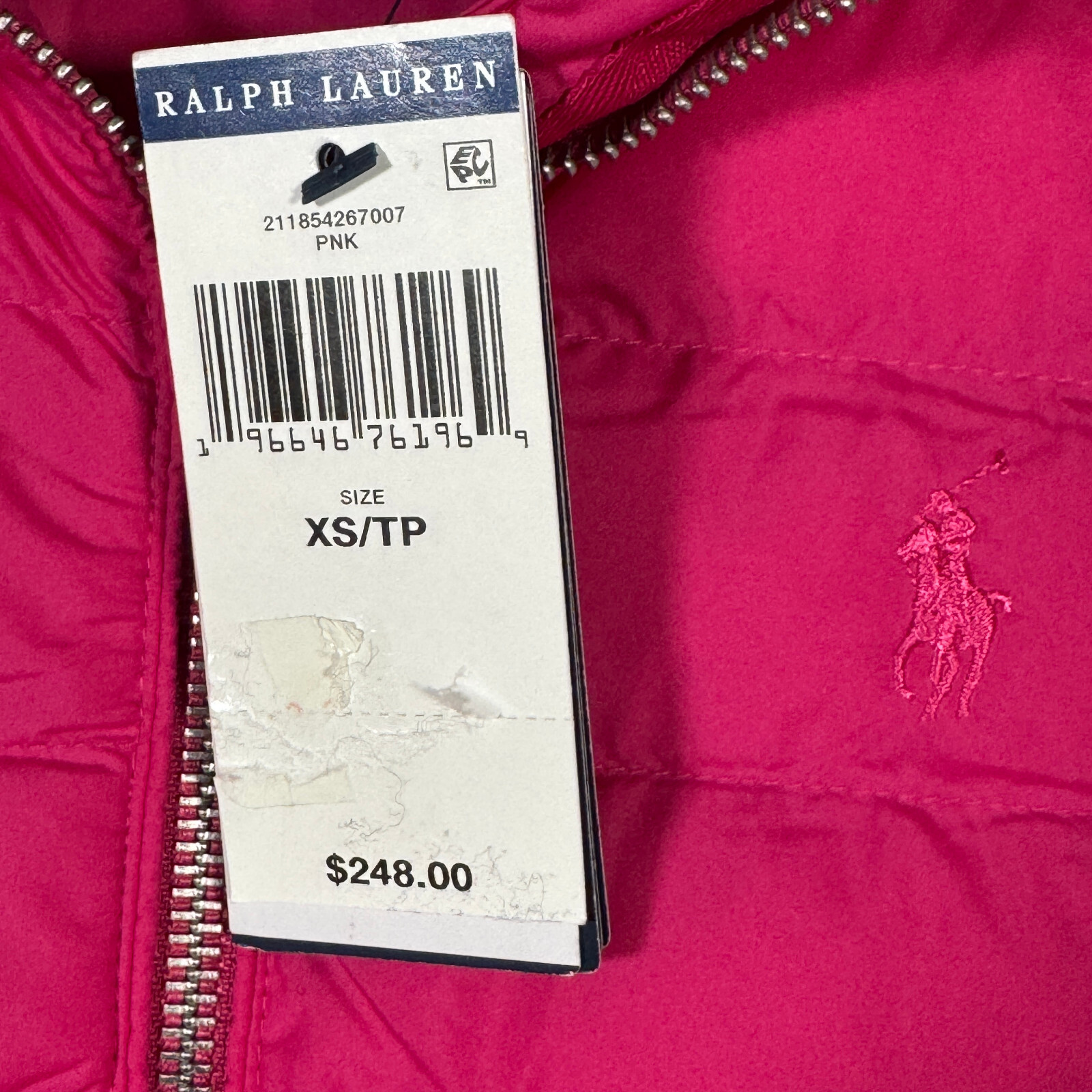Giacca Ralph Lauren donna XS rosa pony puffer full zip idrorepellente