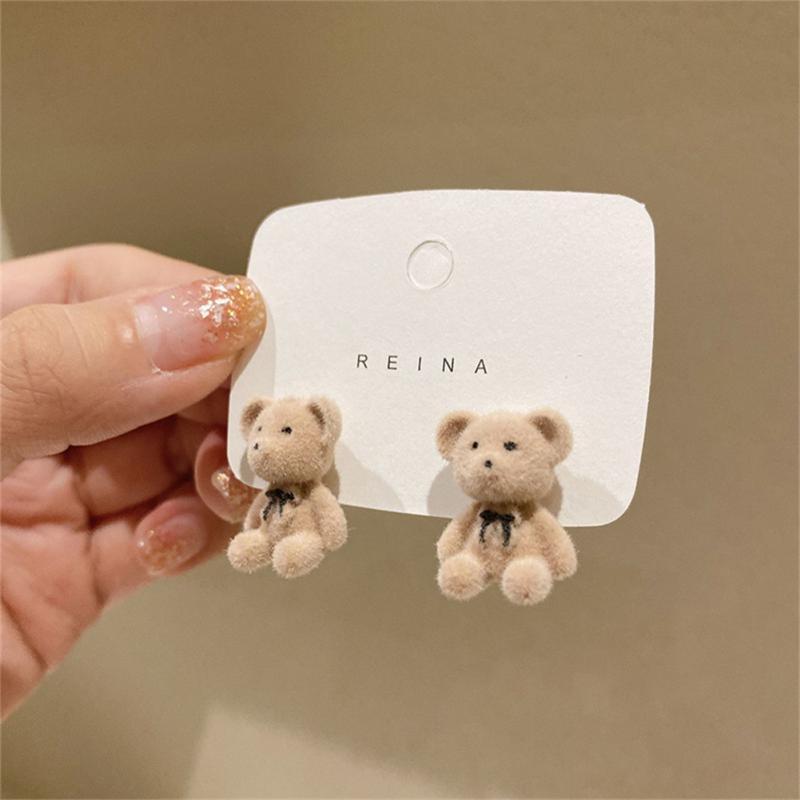Kawaii Silver Flocking Plush Bear Stud Earrings Cute Animal Jewelry