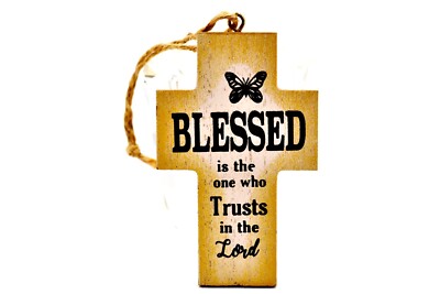 Faith Cross Wood Ornament,Twine Loop,''Blessed is the One who Trusts in the Lord''