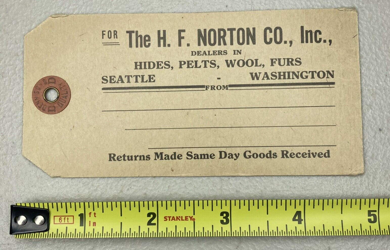 Vintage H.F. Norton Co Seattle Washington Raw Hides Furs Shipping Hang Tag Card 