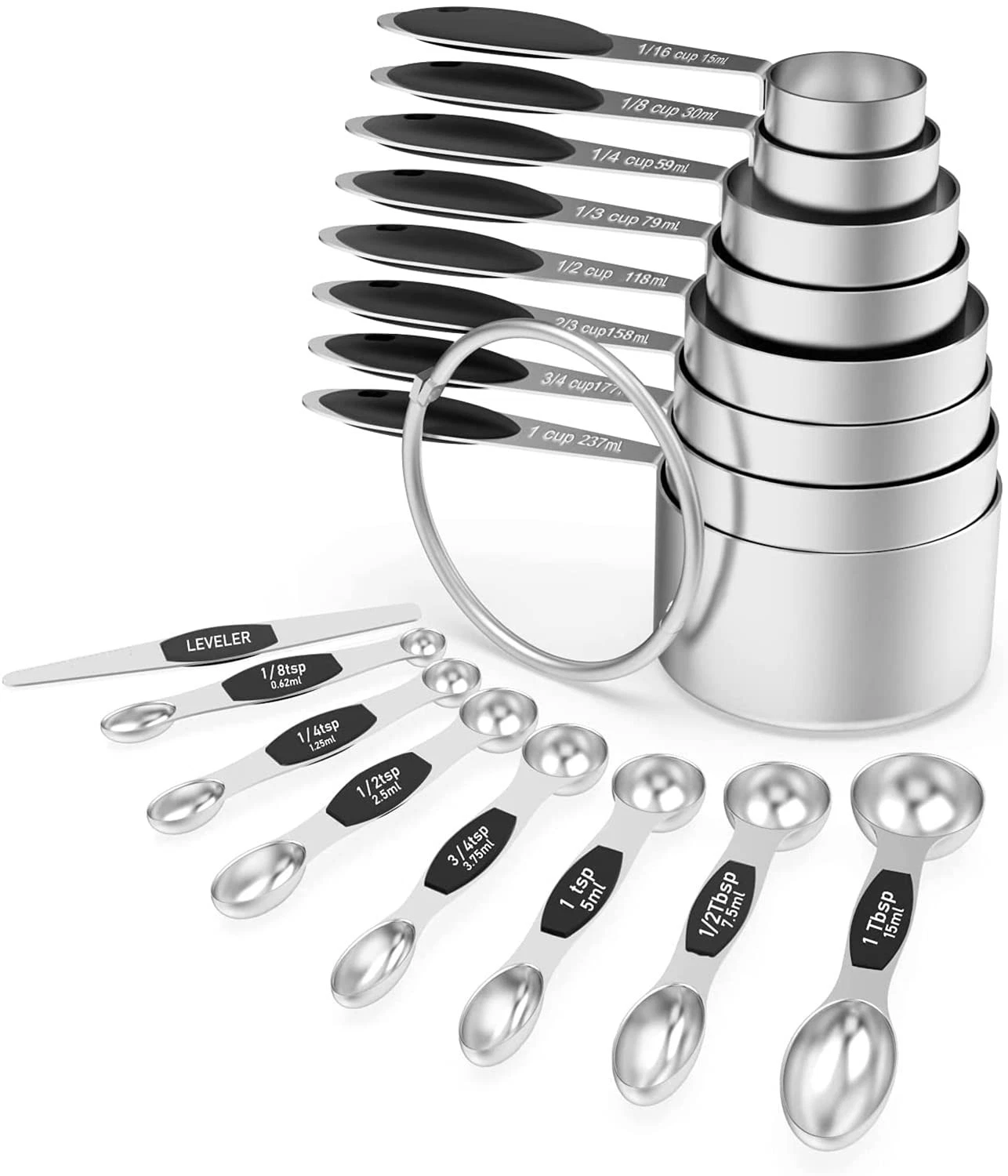 16Pc Stainless Steel Measuring Cups Set, 8 Measuring Cups & 7 Double-Sided Ma...