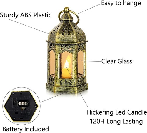 Mini Lantern with Flickering LED Candles Set of 10, Hewory Gold 10PCS, - Picture 5 of 7