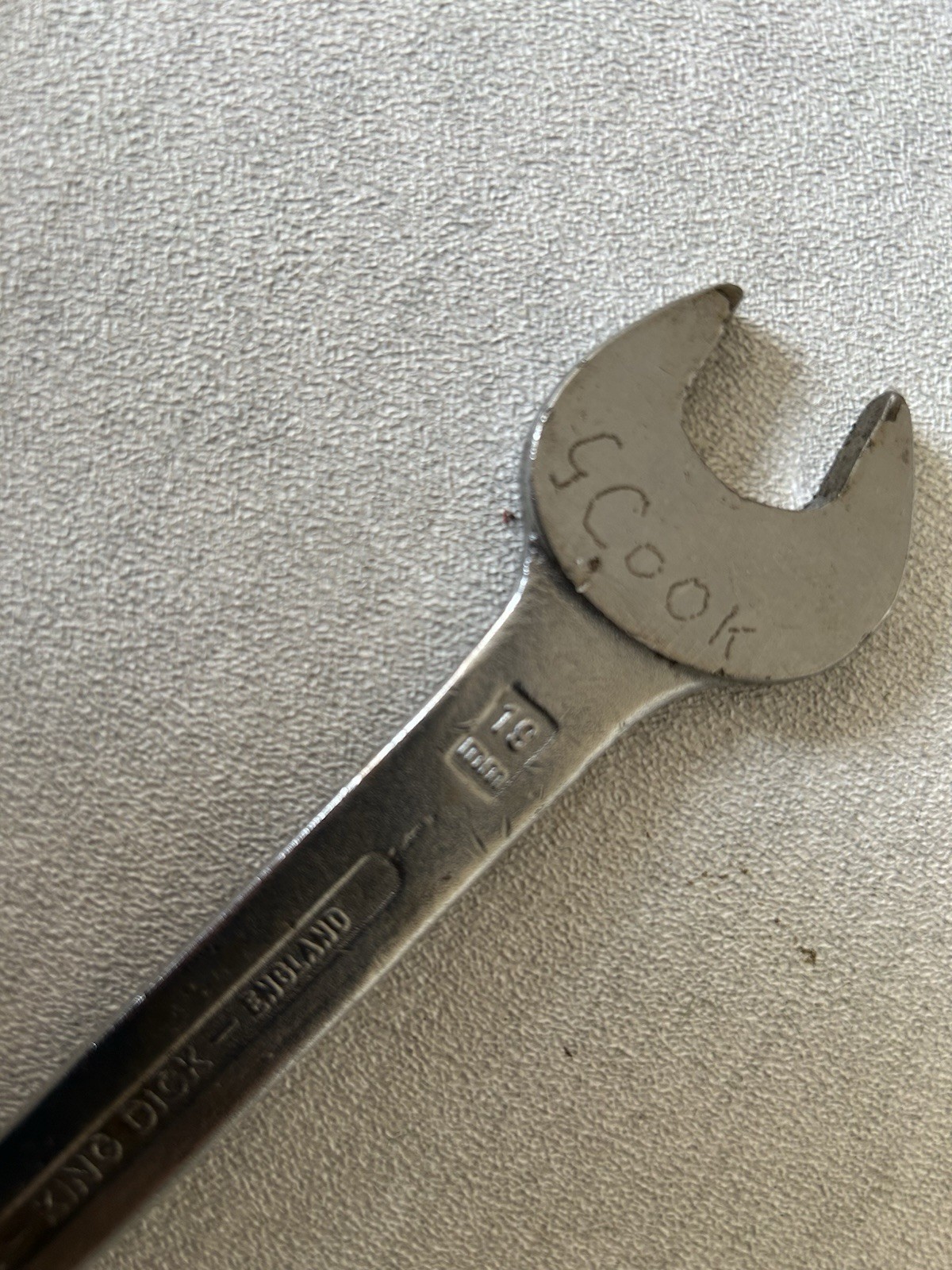 Vintage metric 17mm/18mm open-ended spanner by famous maker KING DICK