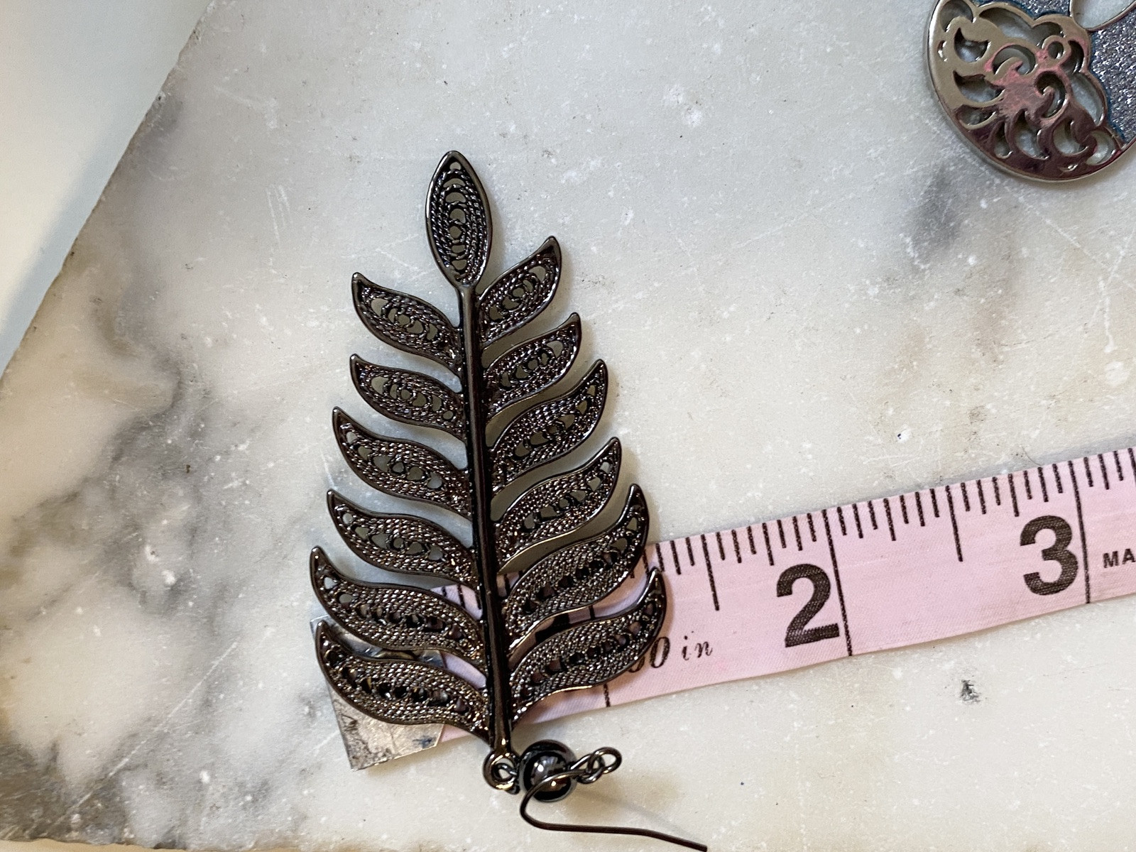 Three Silver tone Statement Earrings Feather, Flo… - image 13