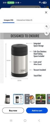 Thermos 16 oz. Insulated Stainless Steel Food Jar w/ Folding Spoon -Silver/Black
