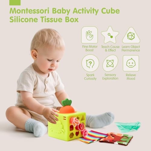  Baby Tissue Box Toy - Silicone Baby Toys 6-12 Months Montessori Toys for 6 