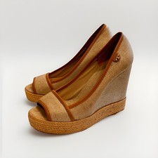 TORY BURCH Women's Jackie Wedge Espadrille Tan Canvas Peep Toe Shoes Size 38.5/8
