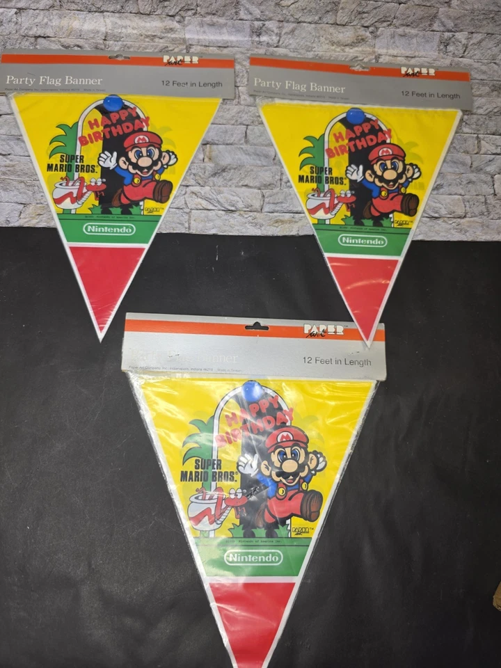 Nintendo 1989 Super Mario Bros Party Flag Vintage Happy Birthday Banner New 3 Pk - Image 4 of 4