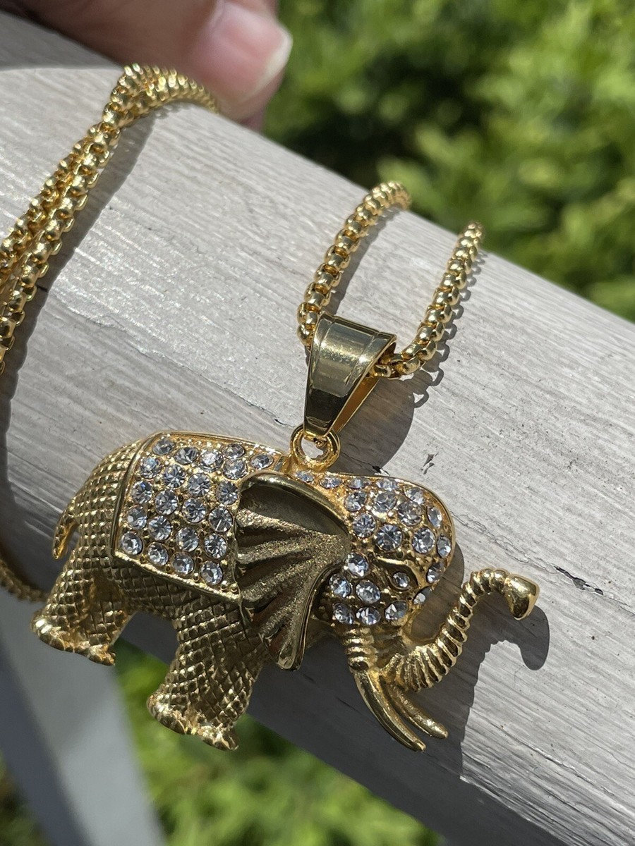 Solid Stainless Steel Gold Plated Clear Zirconia Elephant Symbol