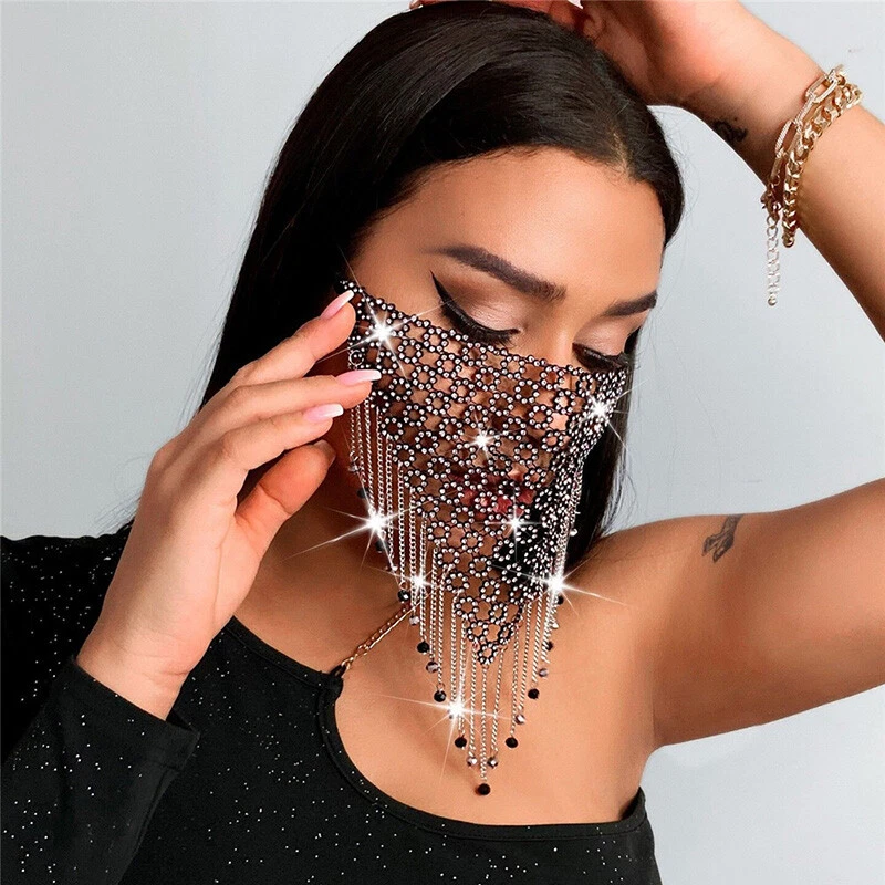 Women Hollow Out Bling Rhinestone Face Veil Mask Tassel Fringe Trim Party Club - Image 2 of 4
