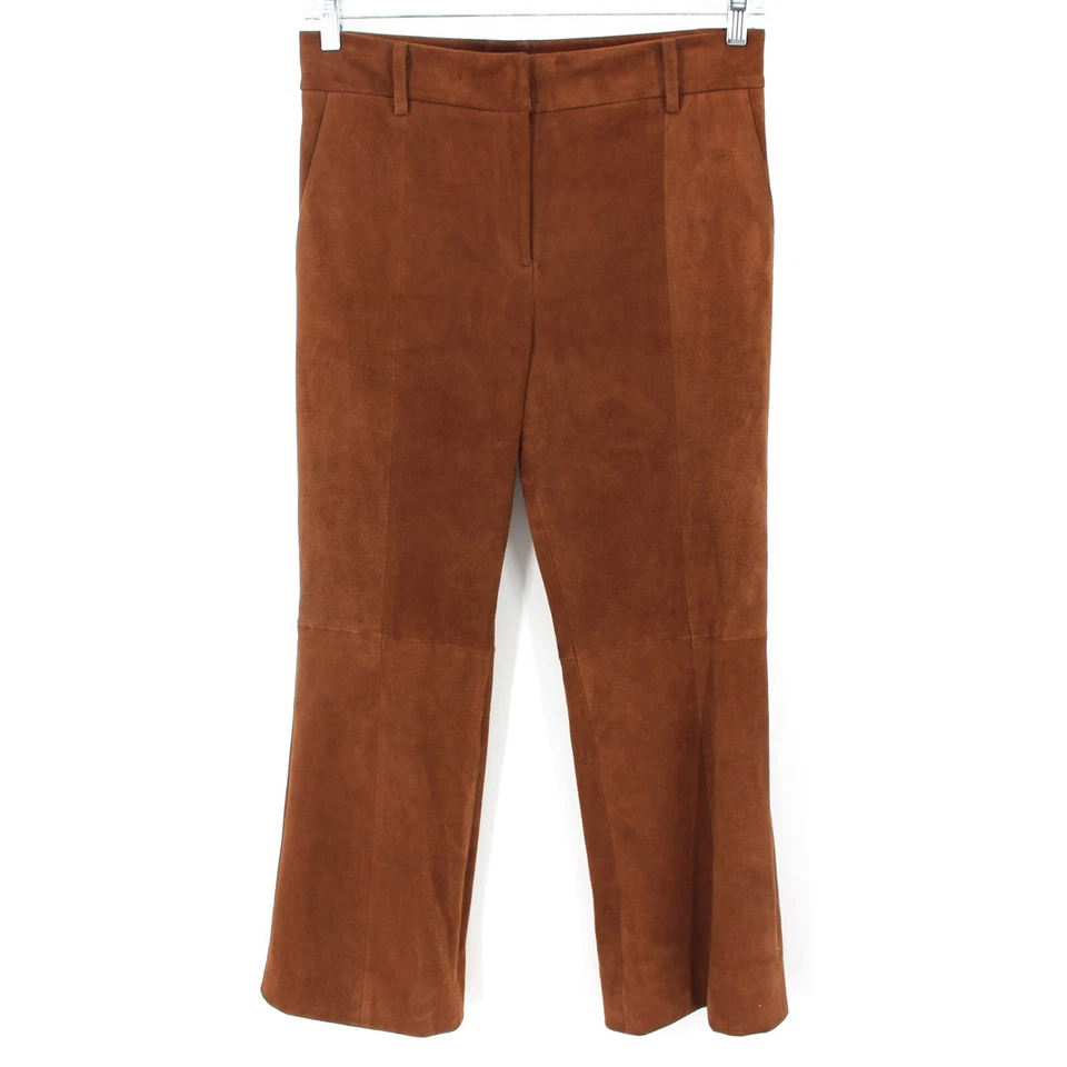 Tibi Alain Marrón Gamuza Cordero Cuero Recortado Capri Pantalones Pierna Ancha 6 S/M