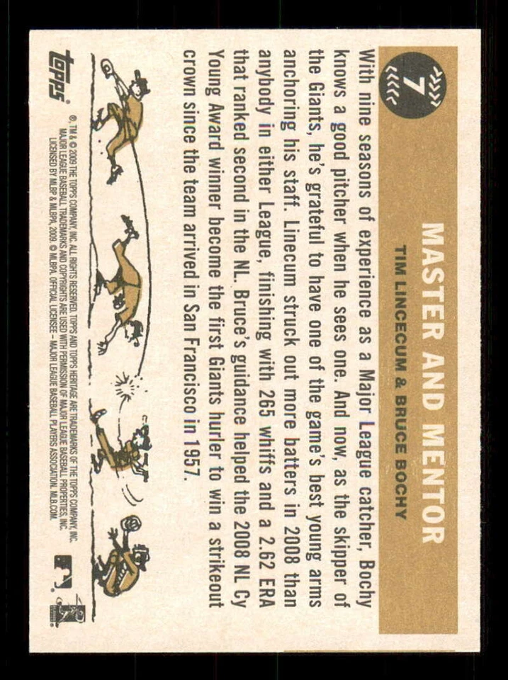 2009 Topps Heritage #7 Tim Lincecum Bruce Bochy San Francisco Giants Master Ment - Image 2 of 2