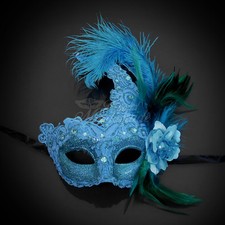 Brocade Lace Ostrich Venetian Masquerade Mask for Women M7685 Baby Blue 
