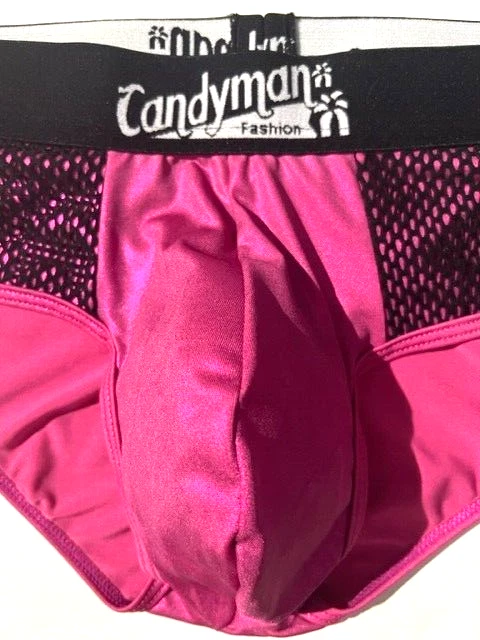New CANDYMAN Mens Pink Fuchsia Satin Sheen Fishnet Panel Pouch Brief Underwear M - Image 4 of 4